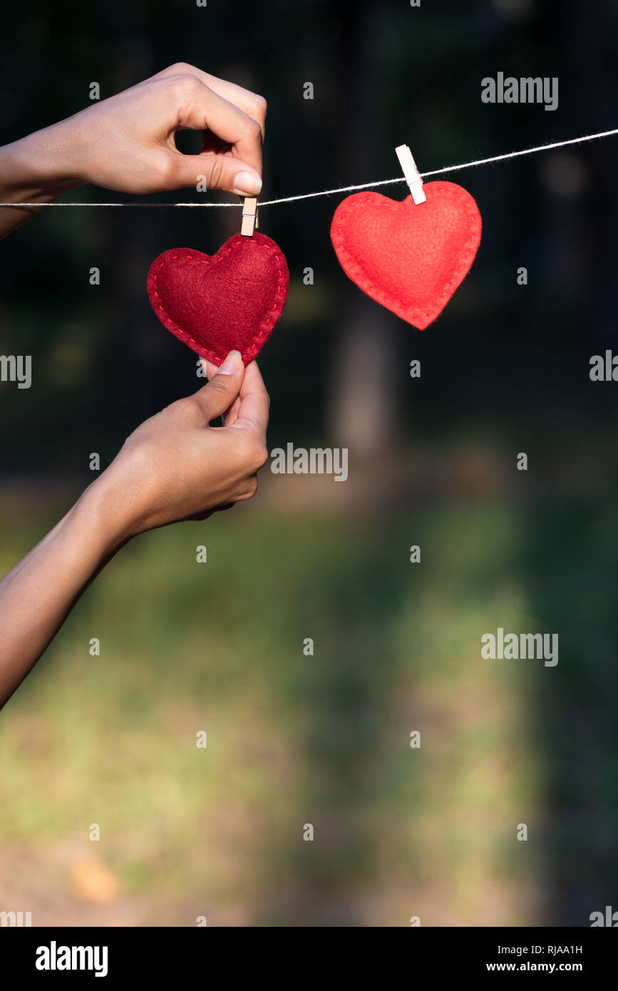 Concept on the theme of love and love confession. Valentine's day card with a pair of red hearts. Сopy space for greeting or advertising text Stock Photo
