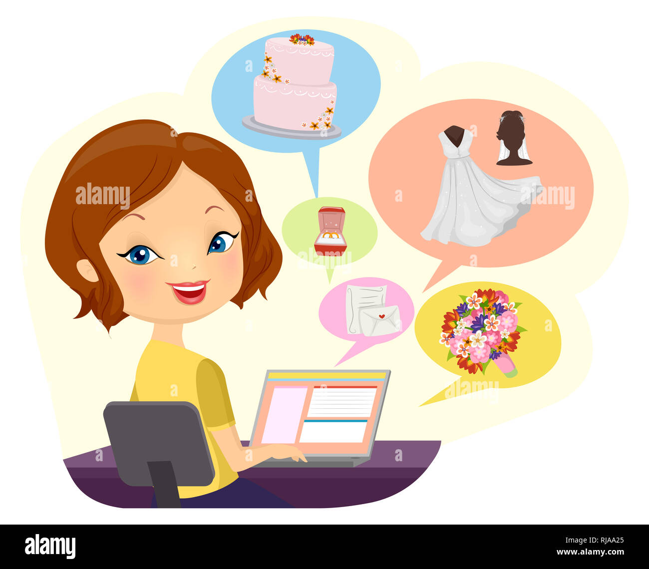 Illustration of a Girl Using Her Laptop with Wedding Icons from Cake, Rings, Invitation, Gown and Bouquet Stock Photo