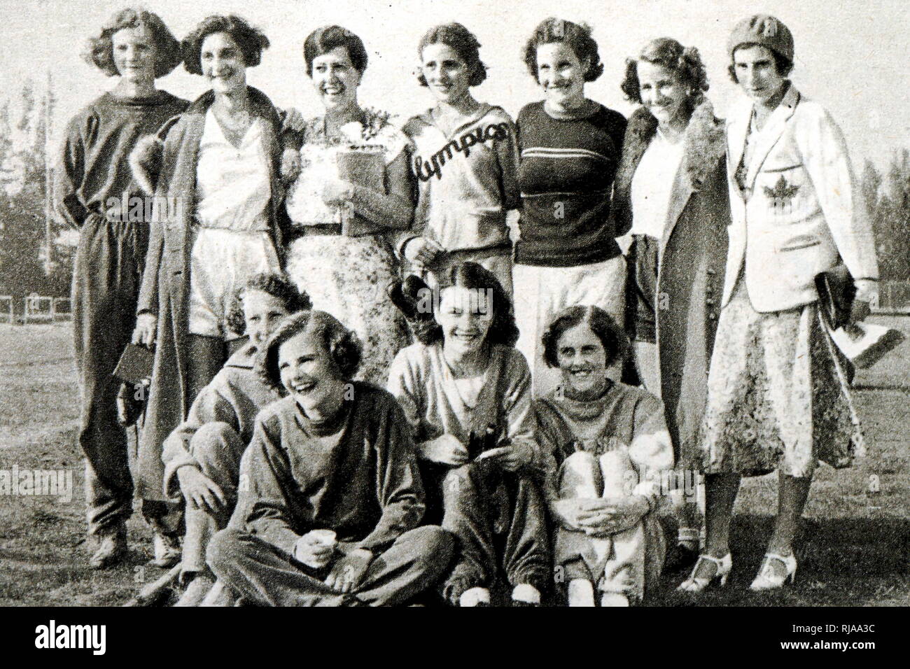 Photograph of the Canadian female track and field team 1932 Los Angeles Olympics. Lillian Palmer, Eva Davies, Alexandrine Gibb, Betty Taylor, Mary Vandervild, Mildred Vizzell, Myr the cook, Hilda Strike, Mary Vizzel, Aileen Meagher, Alda Wilson. Dated 20th Century Stock Photo