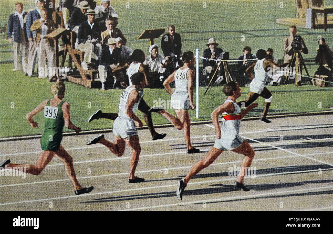 Photograph of the 200 meter contest at the 1932 Olympics. The race was held on the fourth day of competition, Eddie Tolan stumbled slightly with three yards to go, but righted himself and finished with a four foot lead. Eddie Tolan was dubbed the "world's fastest human. Dated 20th Century Stock Photo