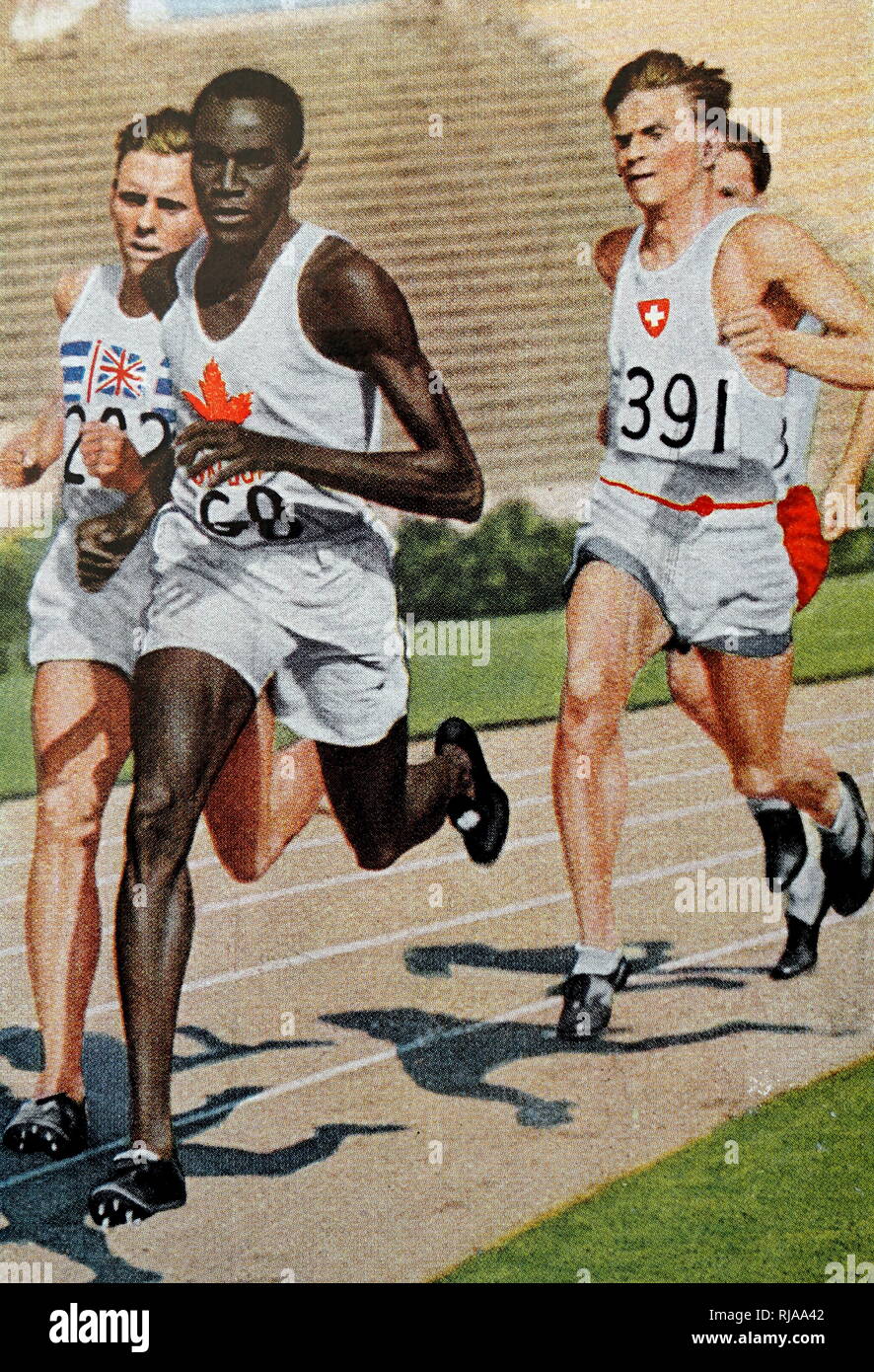 Photograph of Phil Edwards (1907-1971) in the 800 meter race in the 1932 Olympic games. Edwards competed in the 1932 Summer Olympics in Los Angeles and in the 1936 Summer Olympics in Berlin, where he was one of a number of black athletes, to compete before the Hitler regime. Phil's nickname was 'Man of Bronze' due to the amount of bronze medals he had won over his career. Stock Photo