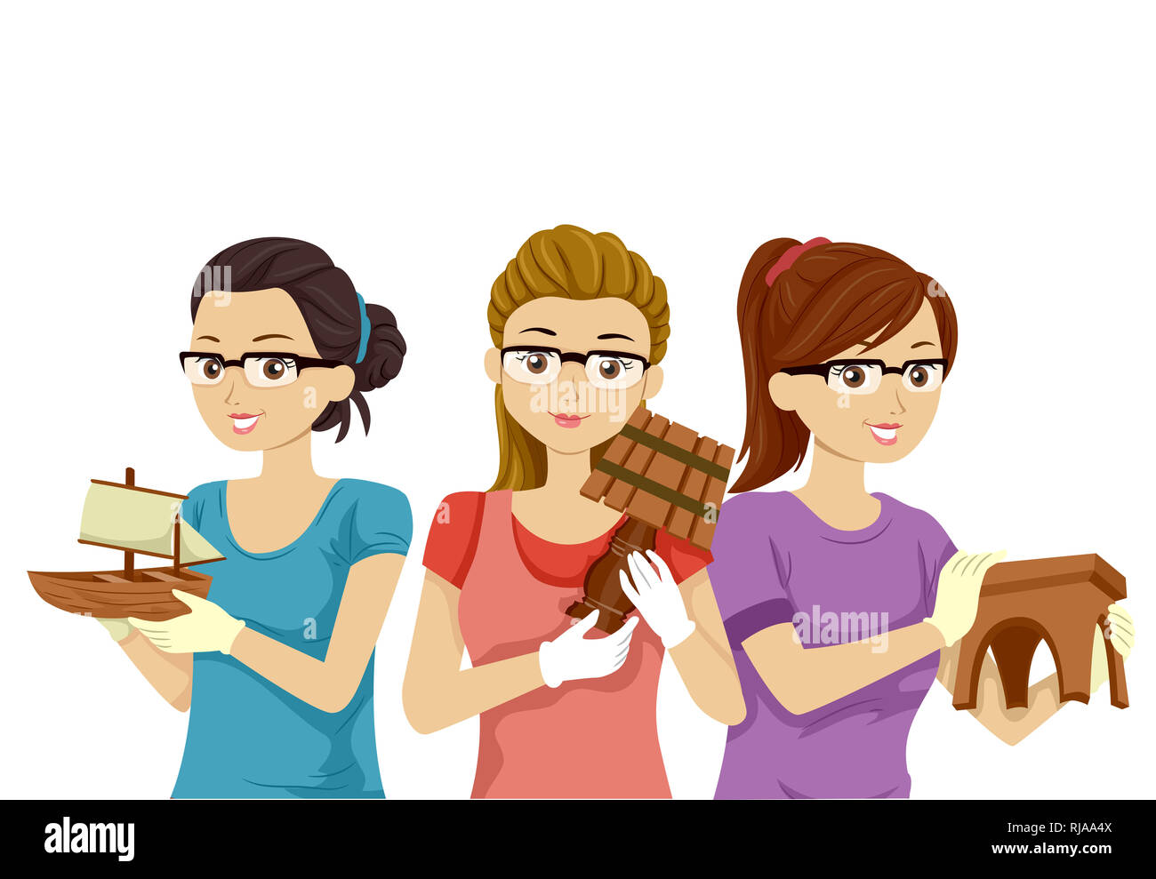 Illustration of Teenage Girls Wearing Goggles and Gloves Showing Their Woodworking Projects from Boat, Lamp and Stool Stock Photo
