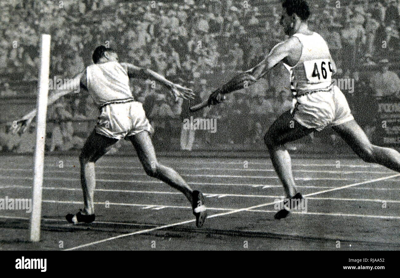 Photograph of the men's 4 x 400 relay during the 1932 Olympic games