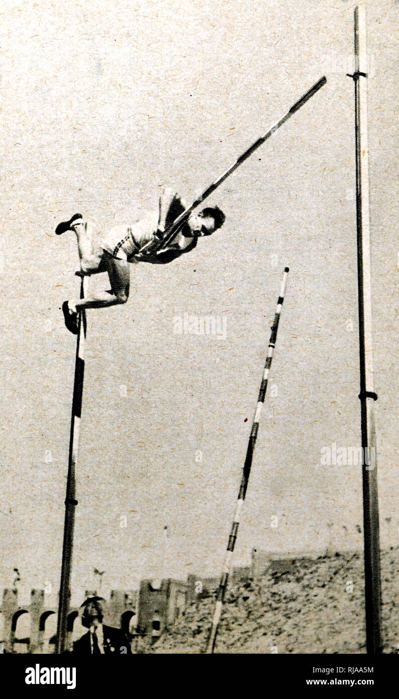 Photograph of George Jefferson (1910 - 1996) bronze medallist in the 1932 Olympic Pole Vaulting. Jefferson jumped 4.20 meters. Stock Photo