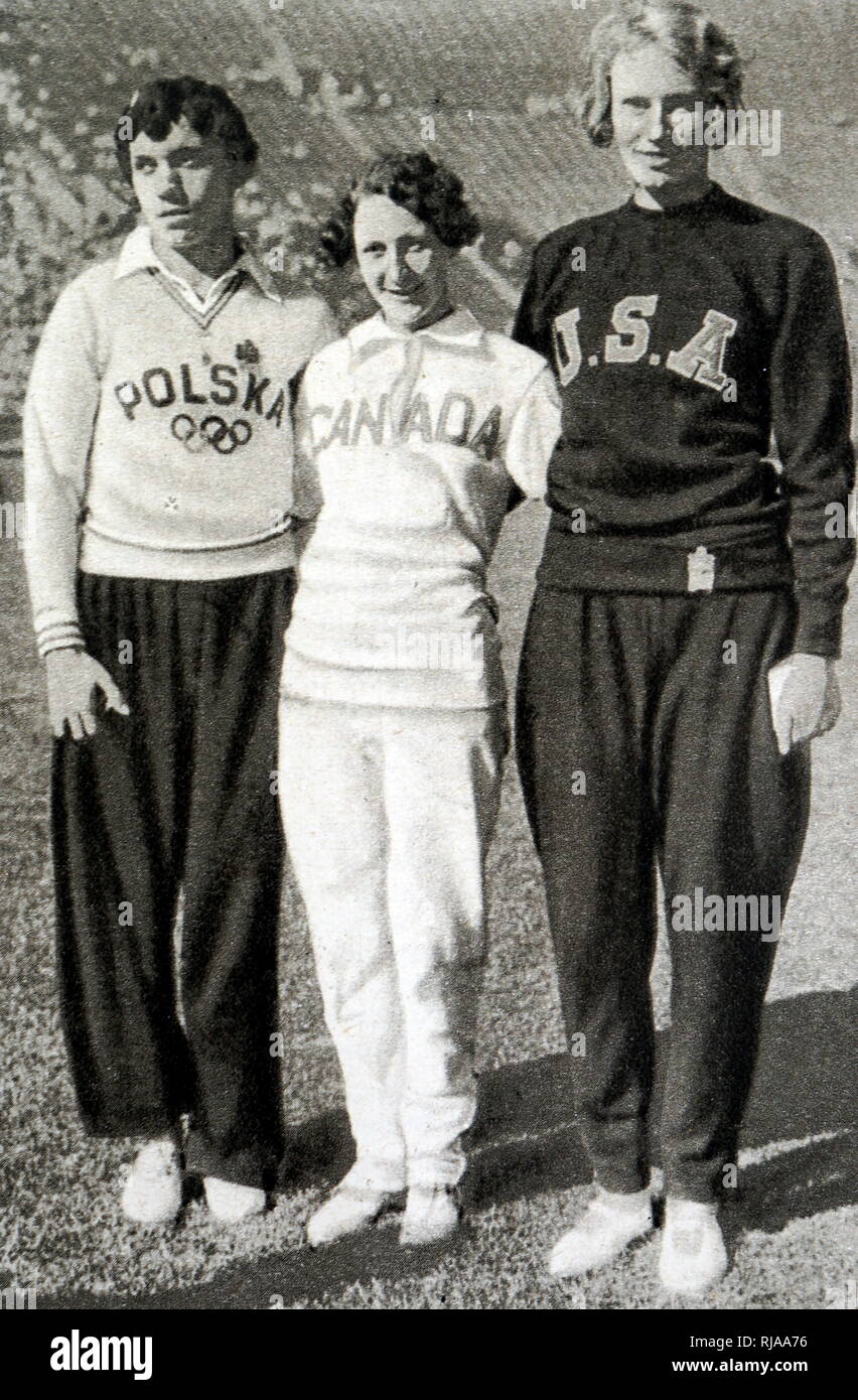 Photograph of the four fastest women in the world at the 100 meter race during the 1932 Olympic games. (Left to right) Stanislawa Walasiewicz 'Stella Walsh' (1911- 1980) Gold. Hilda H. Strike (1910 - 1989) Silver. Wilhelmina 'Billie' von Bremen (1909 - 1976) Bronze. Stock Photo