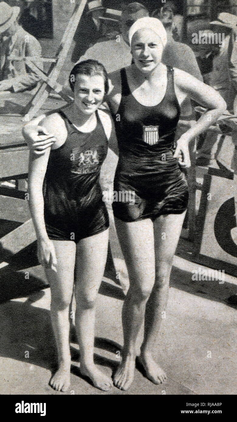 Photograph of Helene Emma Madison (1913 - 1970) from the USA with Willemijntje den Ouden (1918 - 1997) from the Netherlands during the 1932 Olympic games. Stock Photo