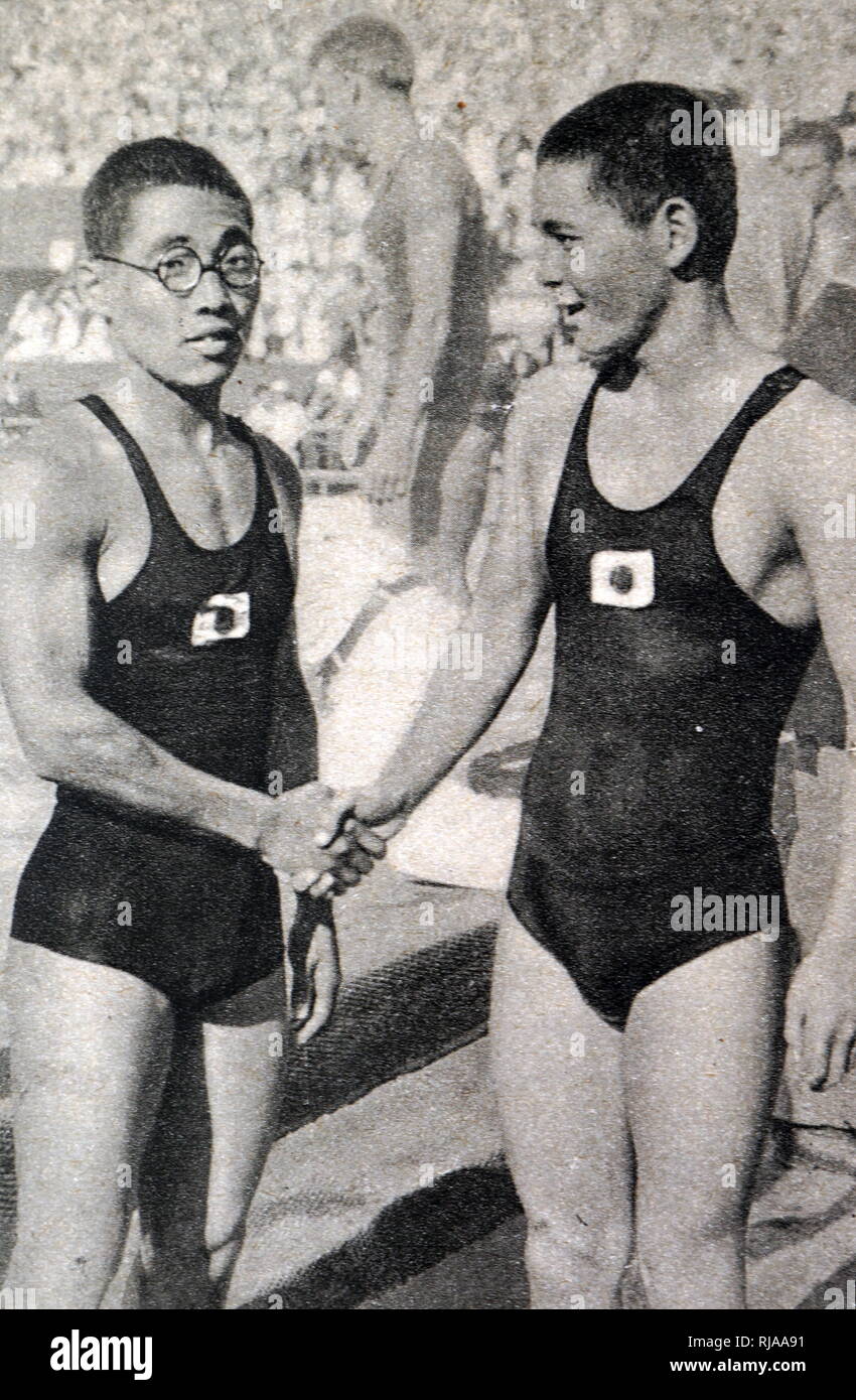 Photograph of Kusuo Kitamura (right) (1917 - 1996) and Shozo Makino (1915 - 1987) (left) at the 1932 Olympic games. Stock Photo
