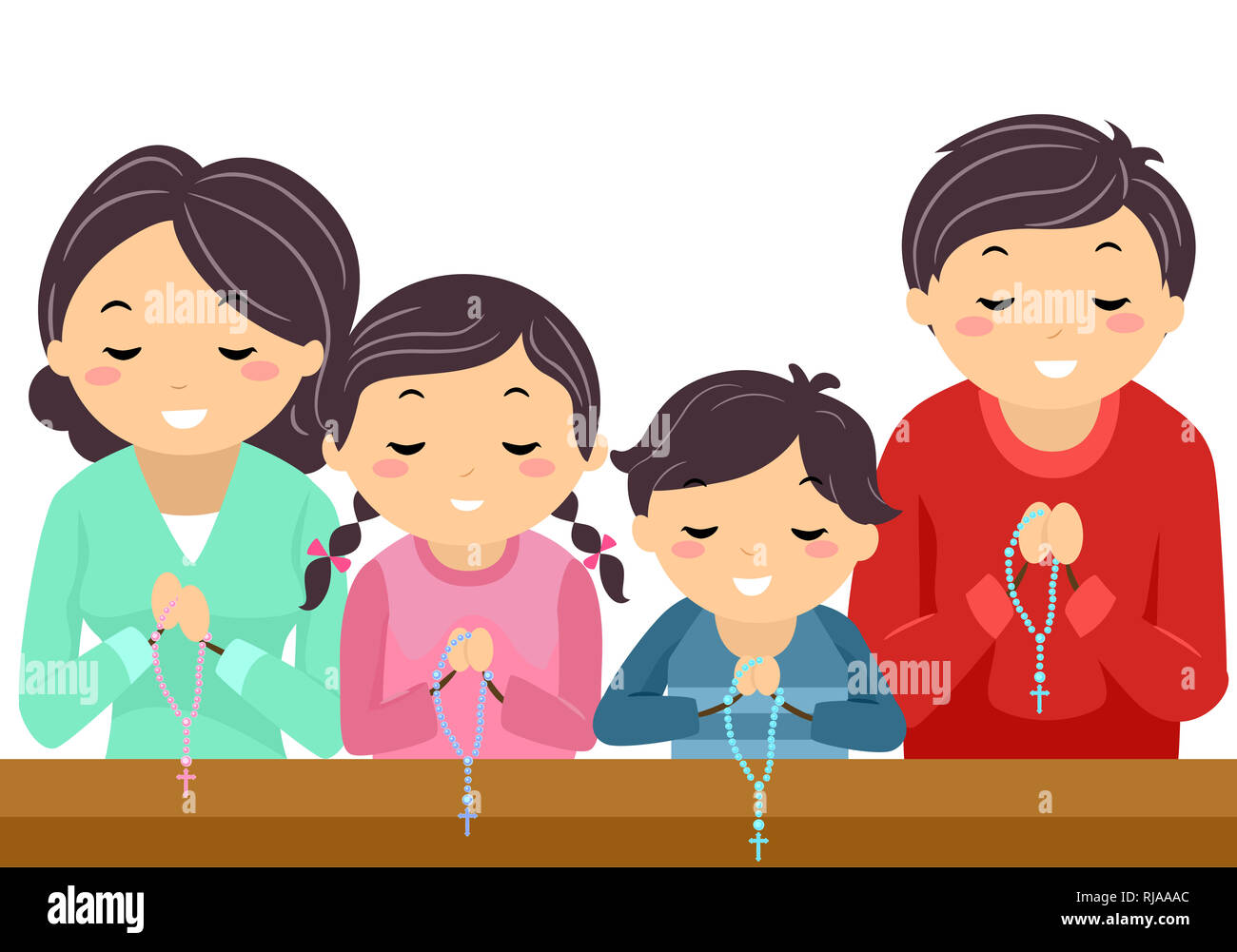 Illustration of Stickman Family Praying the Rosary Inside the Church Stock Photo