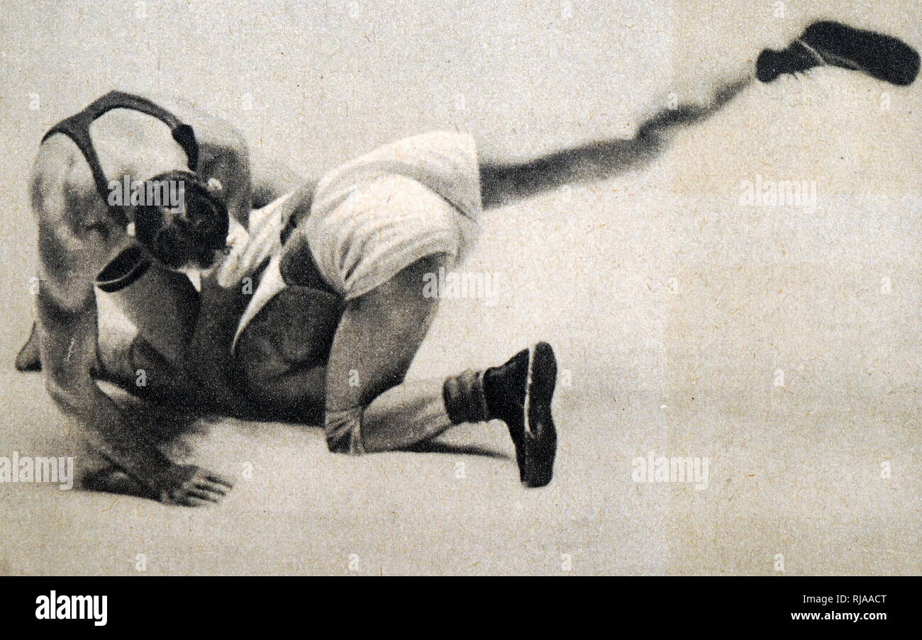 Photograph of Väinö Kokkinen and Jean Földeák wrestling at the 1932 Olympic games. This was the final where Kokkinen took gold for Finland in the Middleweight Greco-Roman. Stock Photo