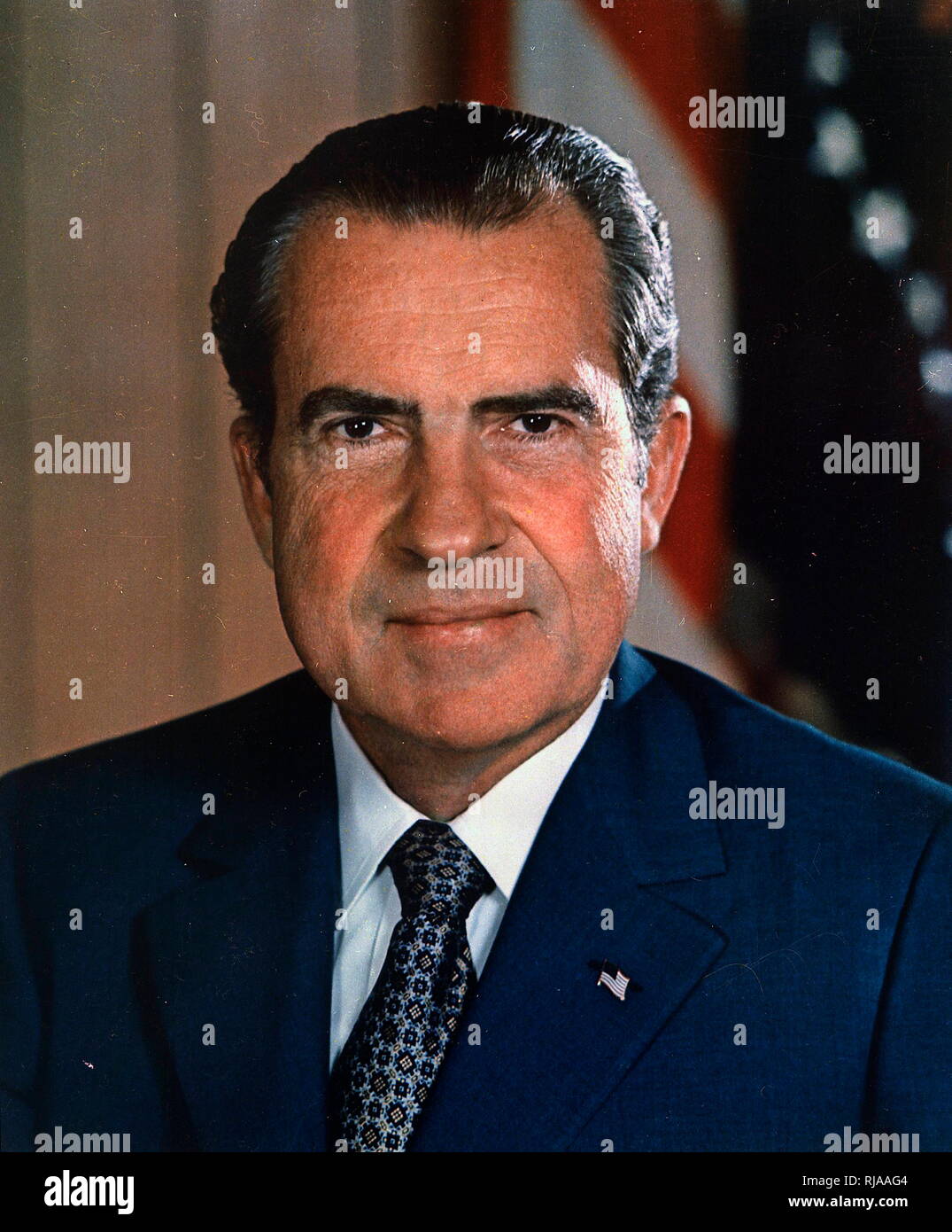 Richard Milhous Nixon (1913 – 1994), the 37th President of the United States, serving from 1969 until 1974. he resigned from office, the only U.S. president to do so. He had previously served as the 36th Vice President of the United States from 1953 to 1961, and prior to that as a U.S. Representative and also Senator from California. Stock Photo