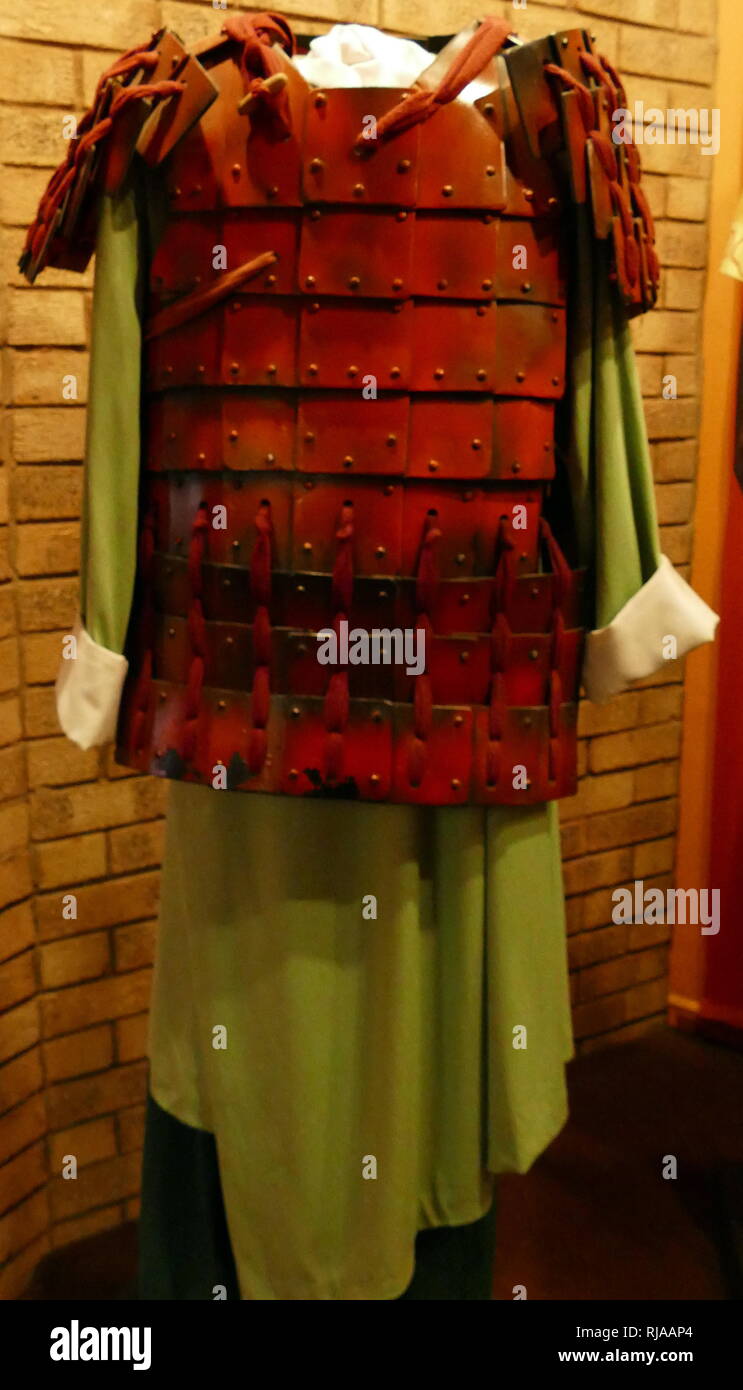 Modern replica of armour worn by the Terracotta warriors. The Terracotta Army is a collection of terracotta sculptures depicting the armies of Qin Shi Huang, the first Emperor of China. It is a form of funerary art buried with the emperor in 210–209 BCE and whose purpose was to protect the emperor in his afterlife. Stock Photo