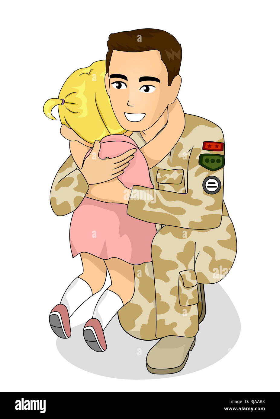 Illustration of a Kid Girl Crying and Hugging Her Soldier Father Stock