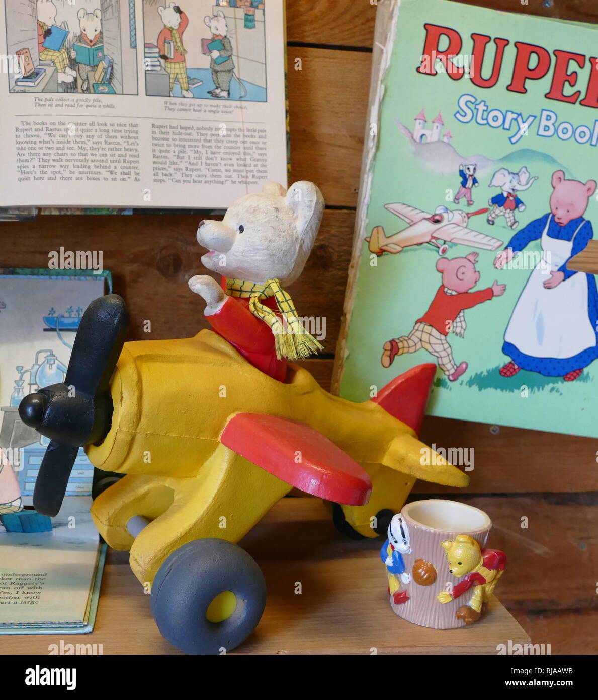1930 model of Rupert Bear in an aircraft. Rupert Bear; a children's comic strip character created by the English artist Mary Tourtel and first appearing in the Daily Express newspaper on 8 November 1920. Stock Photo