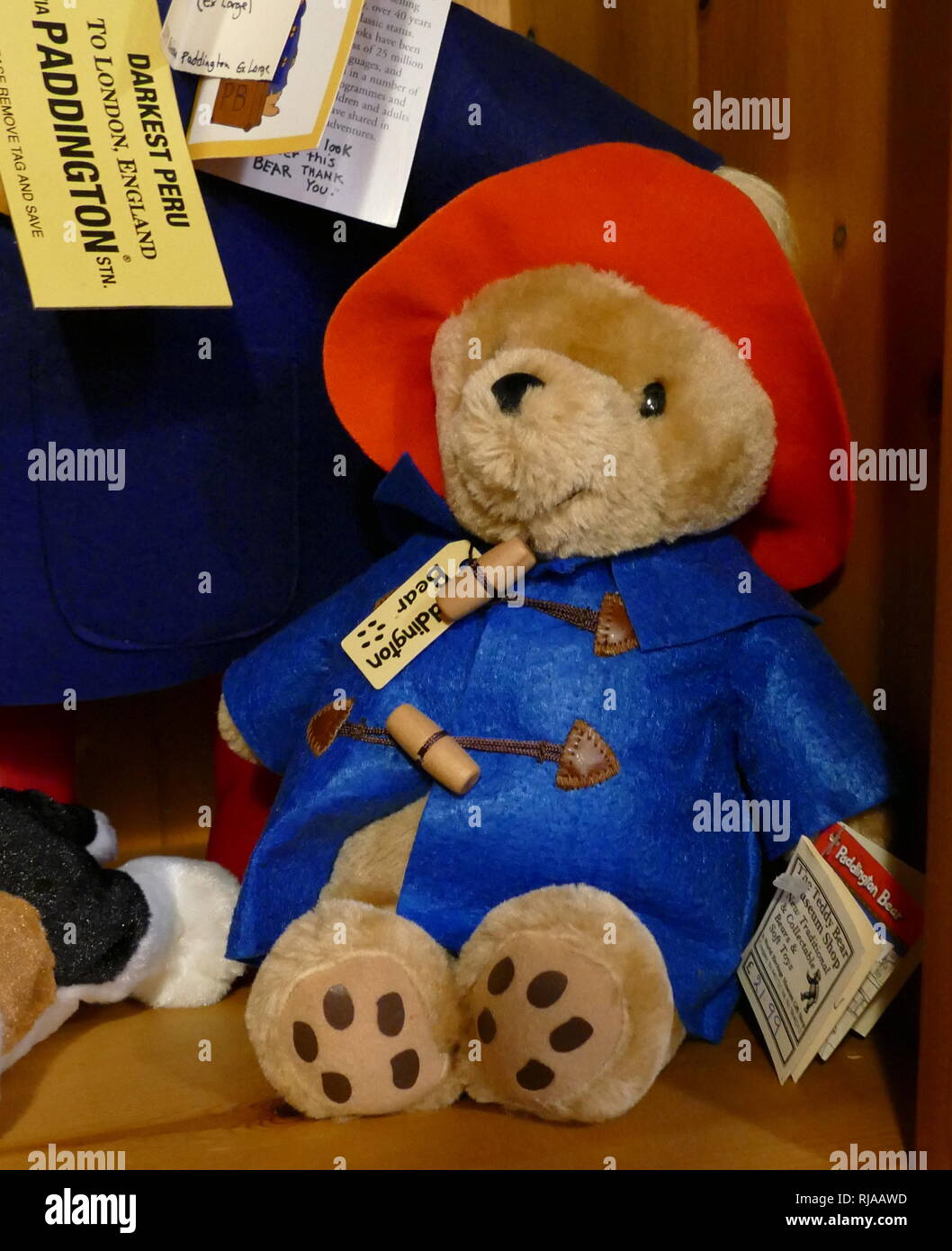 Paddington Bear is a fictional character in children's literature. He first appeared on 13 October 1958 in the children's book A Bear Called Paddington and has been featured in more than twenty books written by British author Michael Bond and illustrated by Peggy Fortnum and other artists Stock Photo