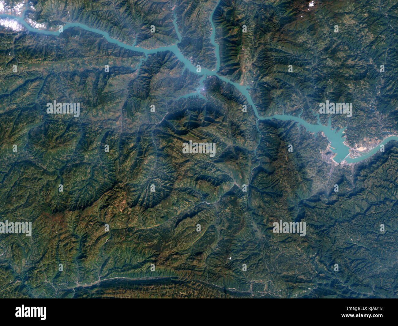 2006, Landsat-7 satellite photograph, of the Three Gorges Dam, China. The Three Gorges Dam is a hydroelectric gravity dam that spans the Yangtze River in Yichang, Hubei province, China. The Three Gorges Dam is the world's largest power station and was completed in 2012 Stock Photo