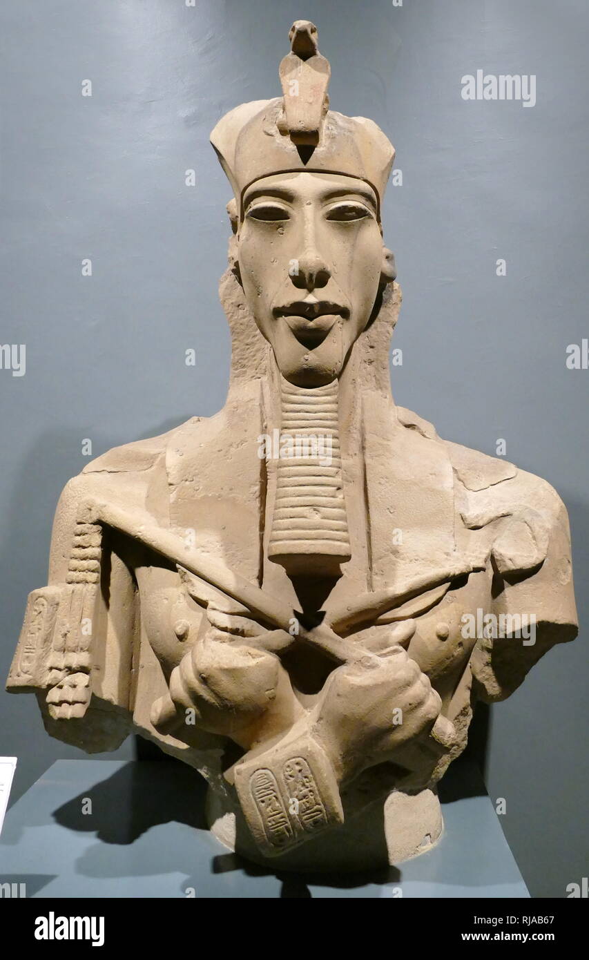 King Amenhotep IV with the Double Crown of Upper and Lower Egypt. Amarna style sculpture circa 1360 BC. Akhenaten ( known before the fifth year of his reign as Amenhotep IV), was an ancient Egyptian pharaoh of the 18th Dynasty who ruled for 17 years and died perhaps in 1336 BC or 1334 BC. He is noted for abandoning traditional Egyptian polytheism and introducing worship cantered on the Aten. Stock Photo