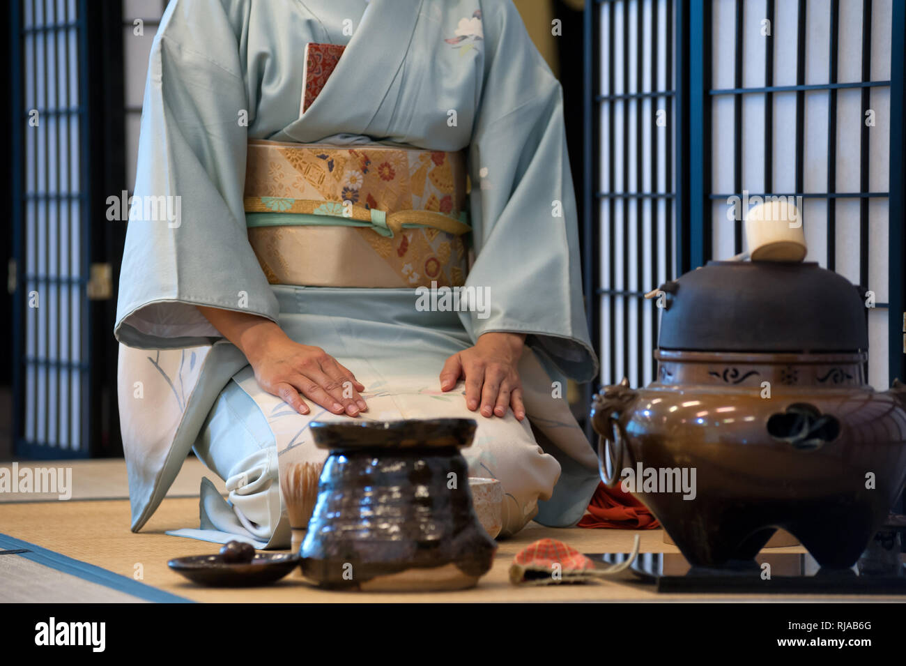 a japanese woman shows the tea ceremony during a public demonstration