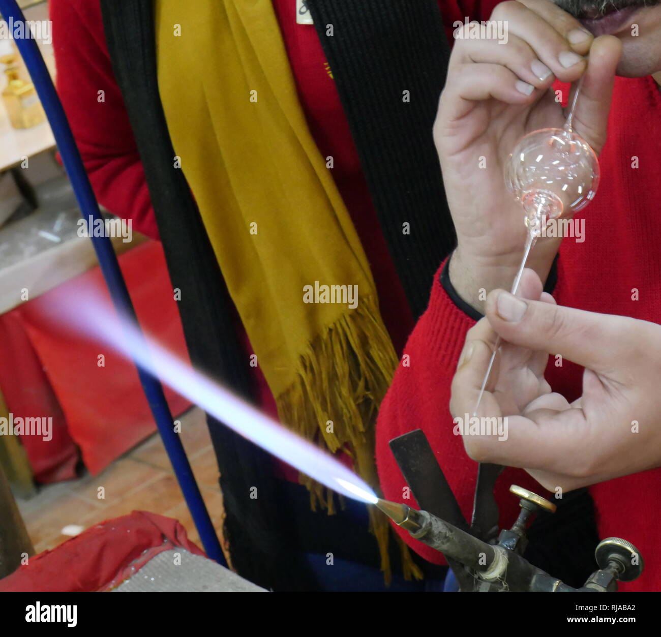 Glass making using traditional method and a gas flame; Egypt 2018 Stock Photo Alamy