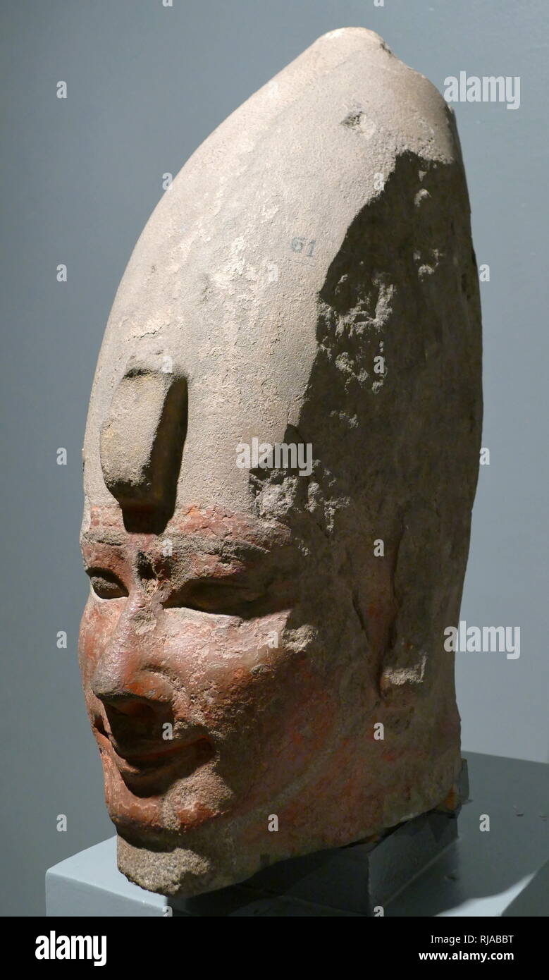 painted sandstone head of Amenhotep I, the second Pharaoh of the 18th dynasty of Egypt. His reign is generally dated from 1526 to 1506 BC. Stock Photo