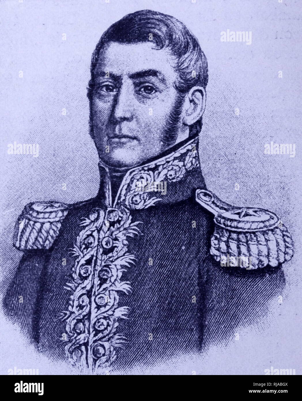 portrait of José Francisco de San Martín, (1778 – 1850); El Libertador of Argentina, Chile and Peru. Argentine general and the leader of the southern part of South America's successful struggle for independence from the Spanish Empire. Protector of Peru. Stock Photo