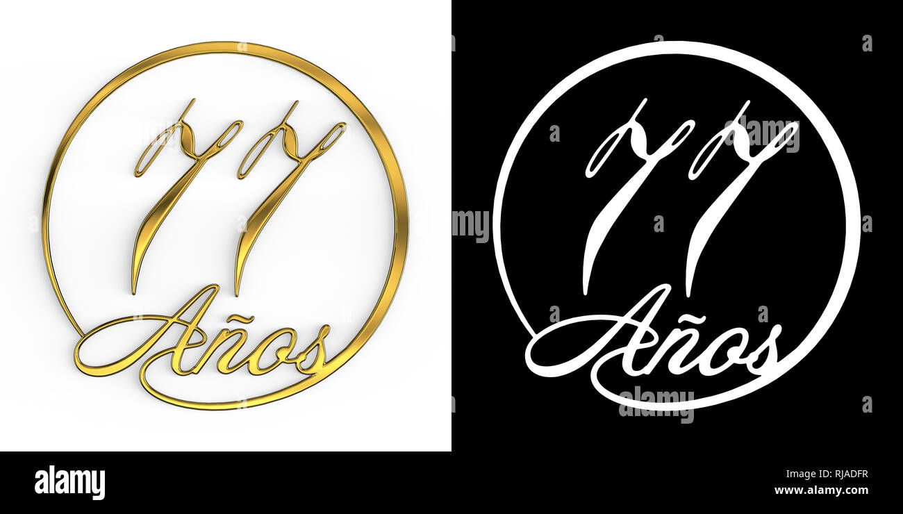 Spanish number seventyseven years (number 77 years) in a circle, top