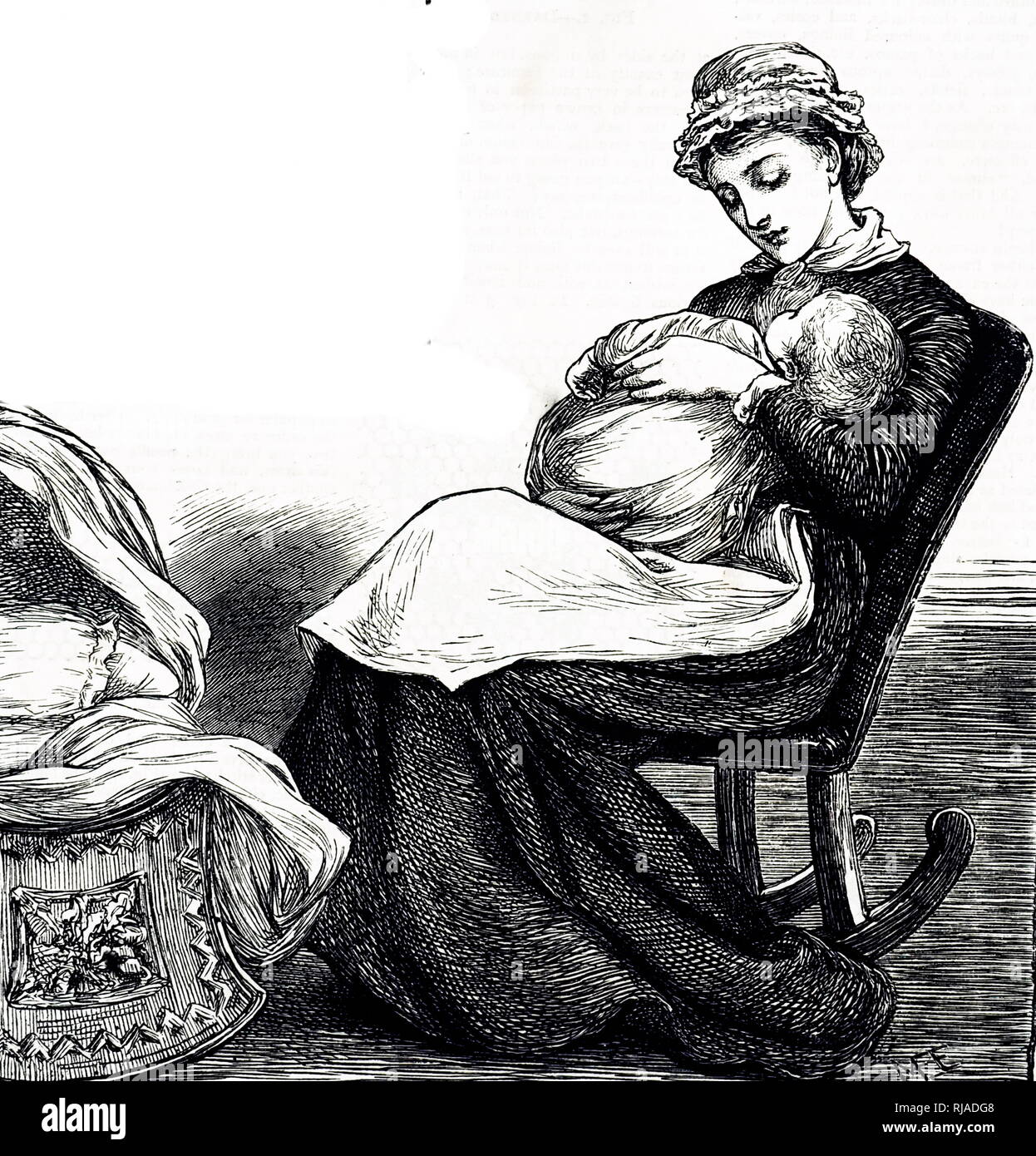 An engraving depicting a mother rocking her baby. Illustrated Mary