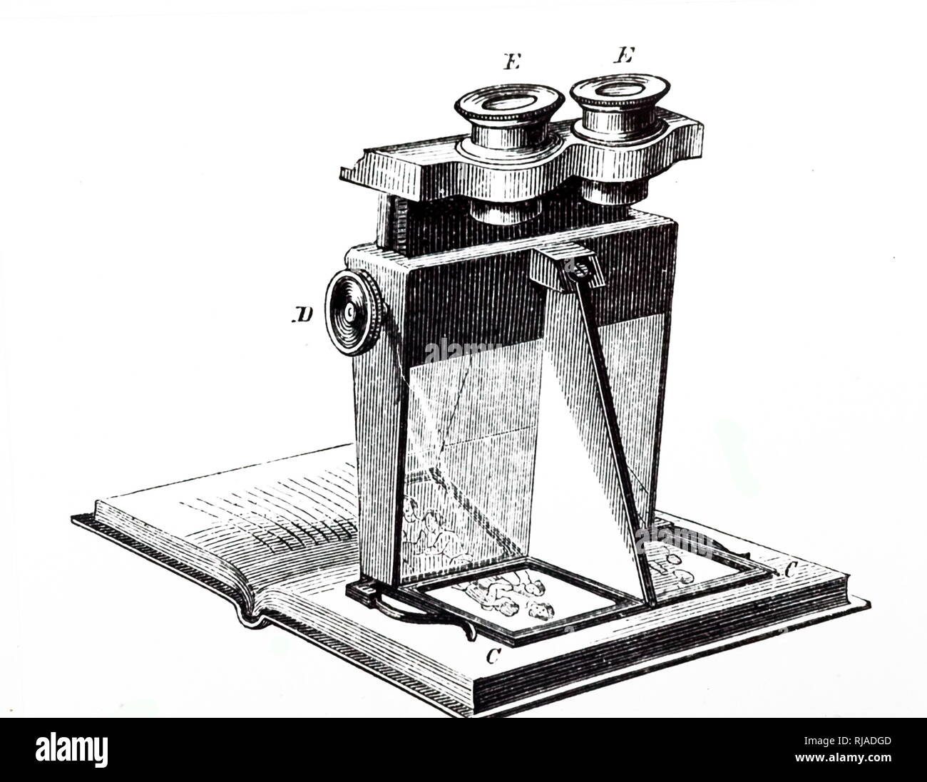 An engraving depicting a stereoscopic viewer with prismatic lenses, based on Brewster's design. Dated 19th century Stock Photo