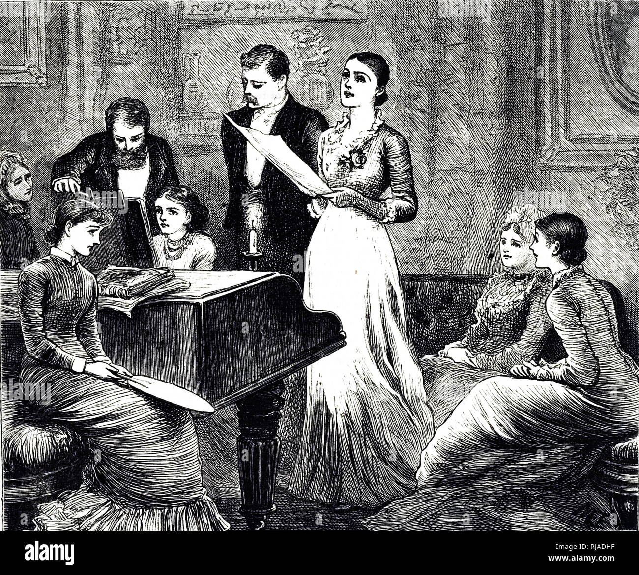 An engraving depicting a musical evening. Illustrated by Mary Ellen Edwards (1838-1934) an English artist and illustrator of children's books. Dated 19th century Stock Photo