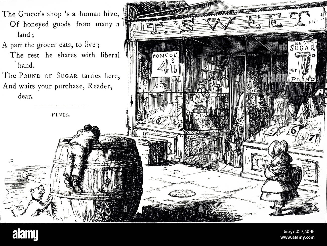 An engraving depicting the outside of a Grocer's Shop. Dated 19th century Stock Photo