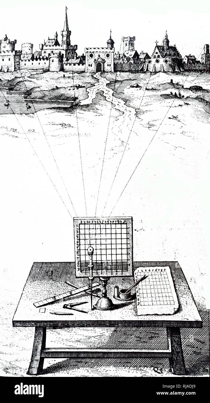 A woodcut engraving depicting a perspective frame with a grid and viewer combined with squared paper to draw a distant scene in perspective. Dated 17th century Stock Photo