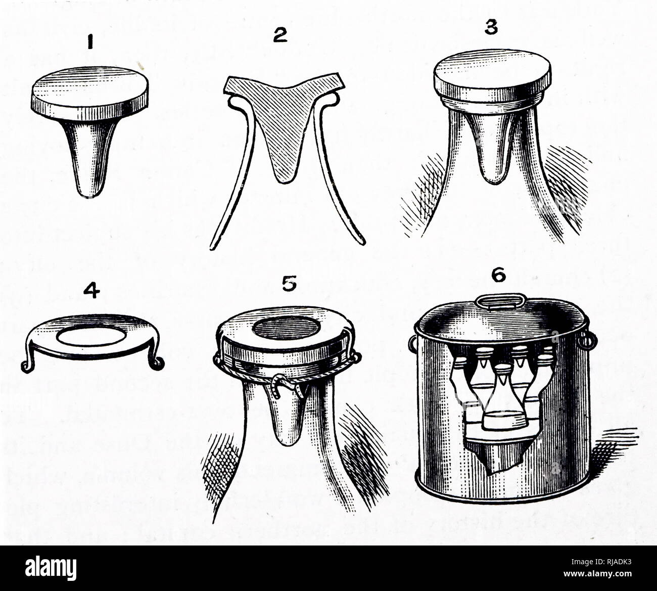 An engraving depicting various views of a rubber stopper for hermetically sealing sterilised bottles together with a kettle for sterilising. Dated 19th century Stock Photo