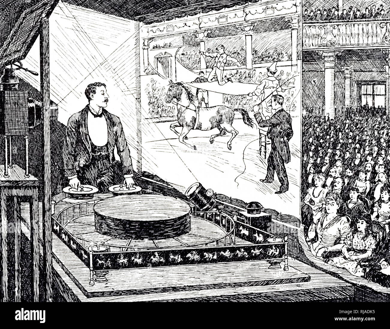 An engraving depicting an audience watching a performance on Reynaud's projecting praxinoscope. Dated 19th century Stock Photo