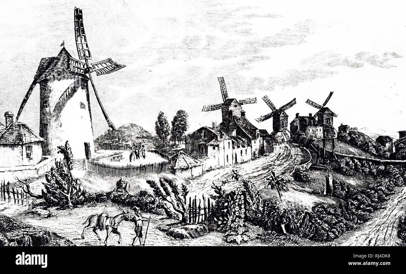 An engraving depicting a flour mill at Wolvey, Warwickshire. On the left is a tower mill: the remaining three are post mills. Dated 19th century Stock Photo