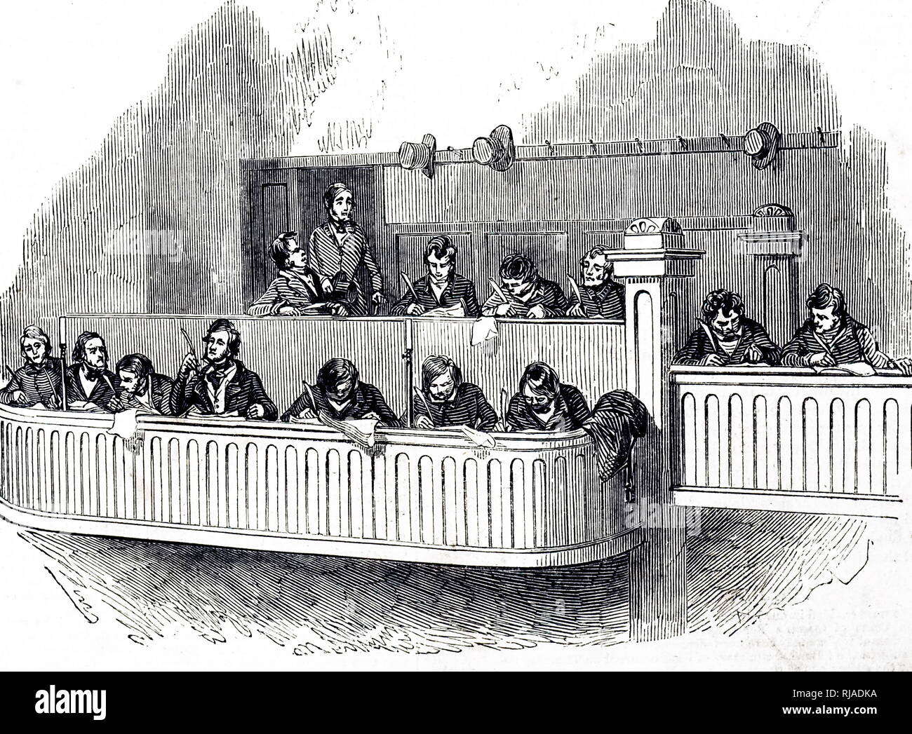An engraving depicting the reporters' box at the state trials in Dublin ...