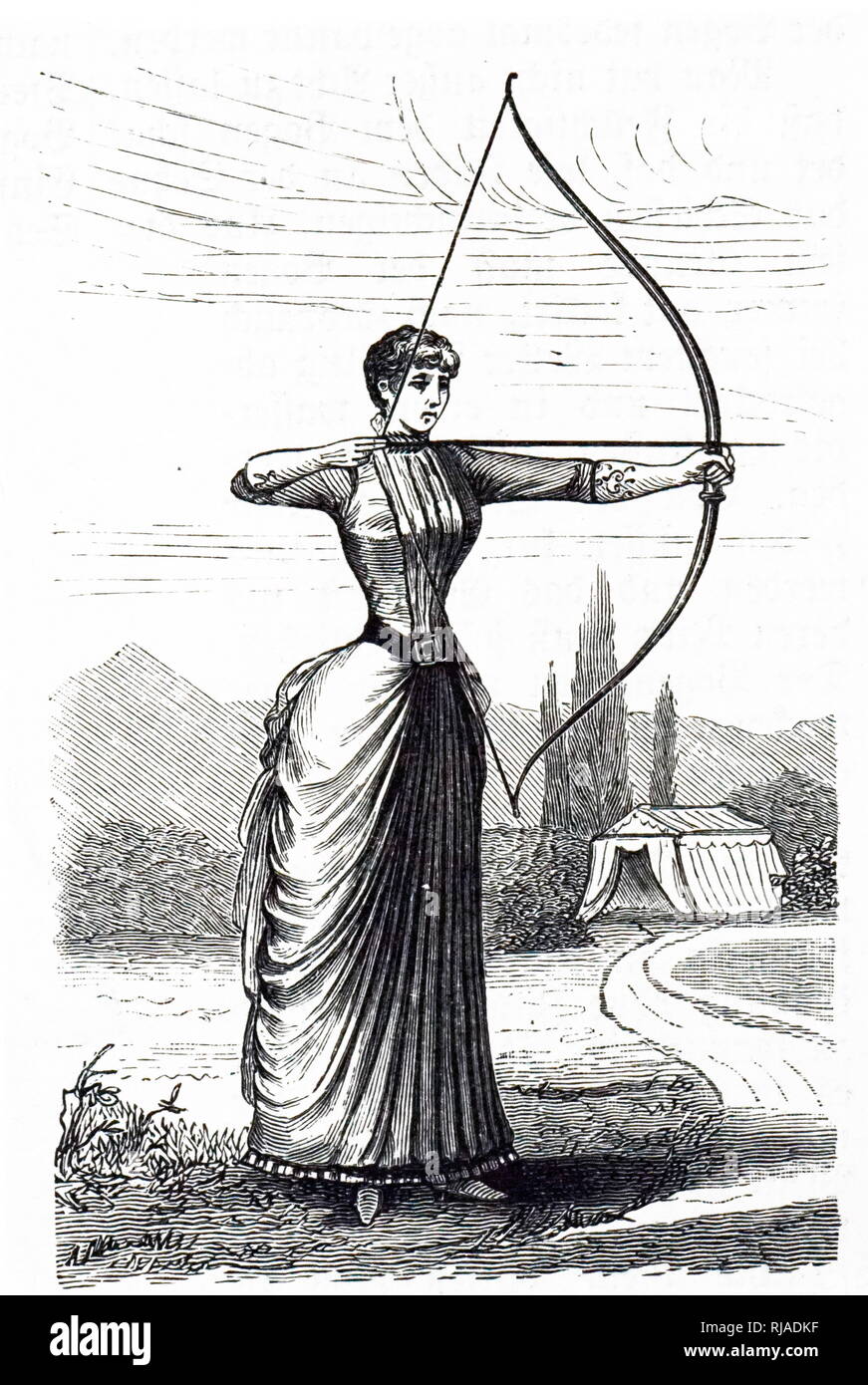 An engraving depicting a female archer drawing her bow. Dated 19th century  Stock Photo - Alamy