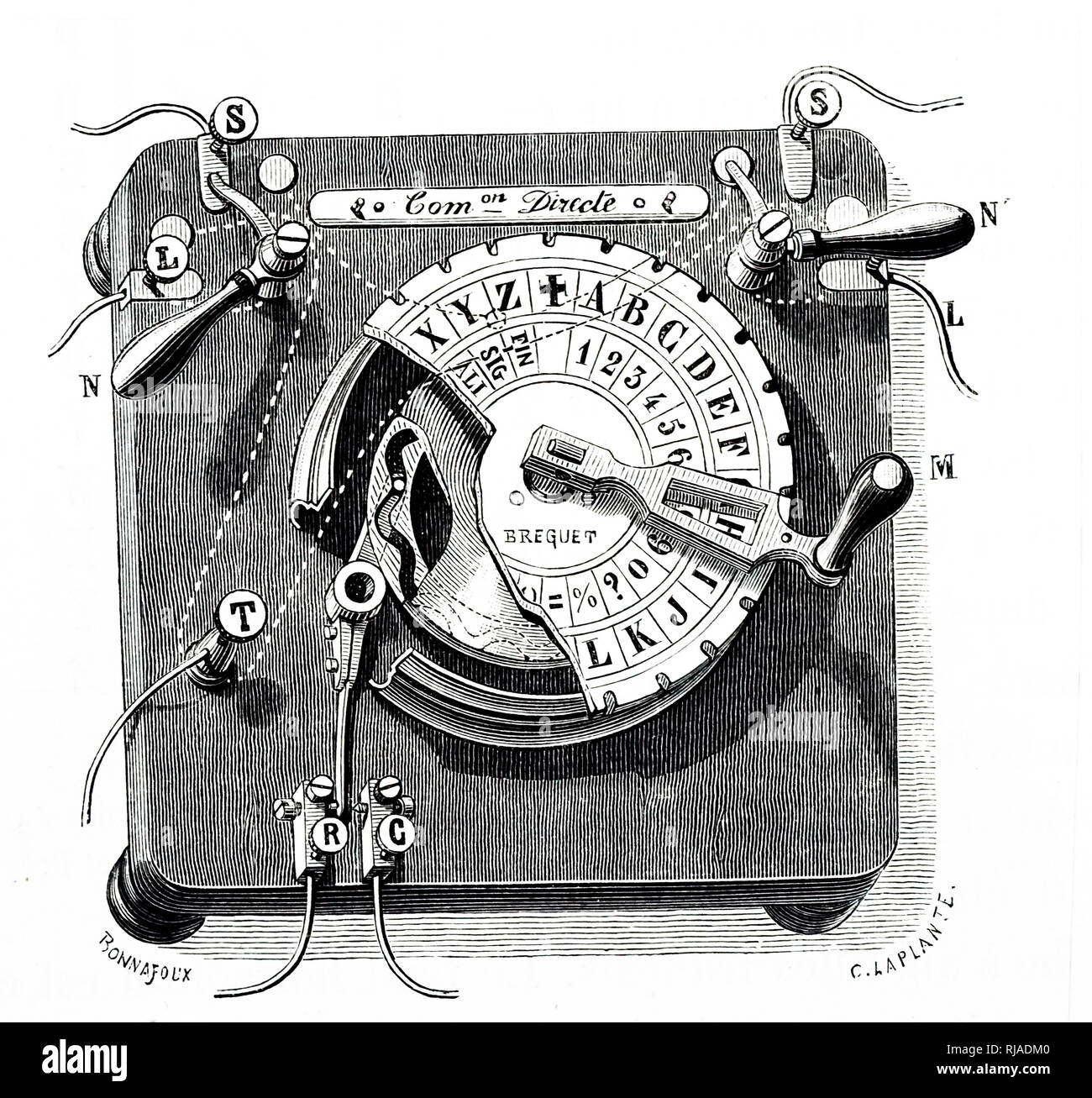 An engraving depicting the transmitter of an early model of a Breguet dial telegraph. Dated 19th century Stock Photo