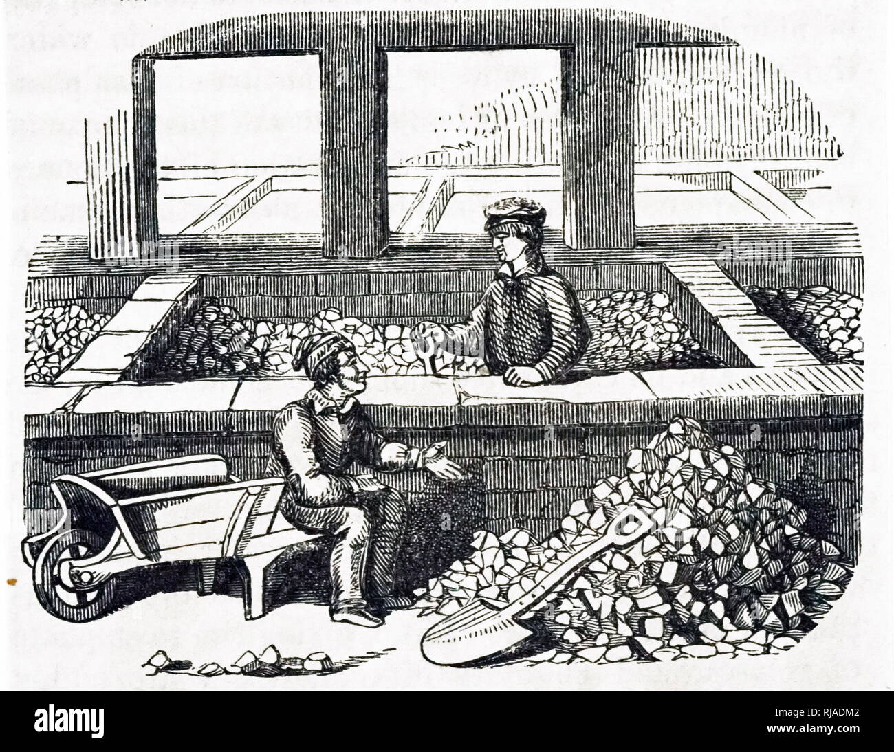 An engraving depicting the digging of alum from crystallising pans. Dated 19th century Stock Photo
