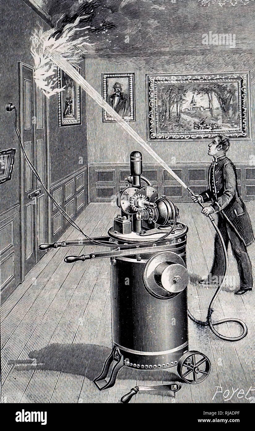 An engraving depicting a 'corridor' engine. Portable electrically powered fire  extinguisher by Merryweather's Greenwich. The cylinder held 120 litres. The  extinguisher was rushed to the seat of the fire and plugged in