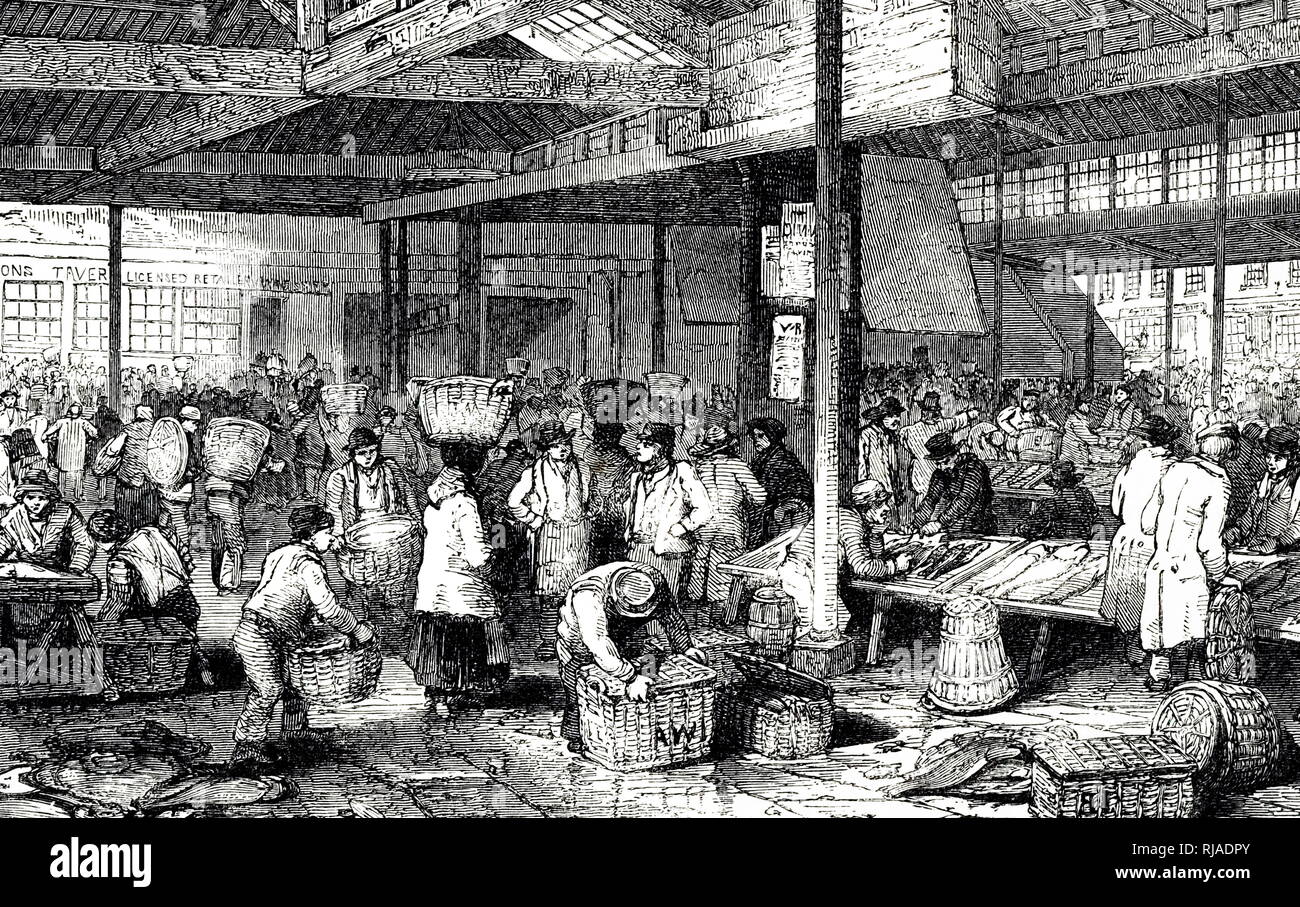 An engraving depicting Billingsgate fish market, London. Dated 19th