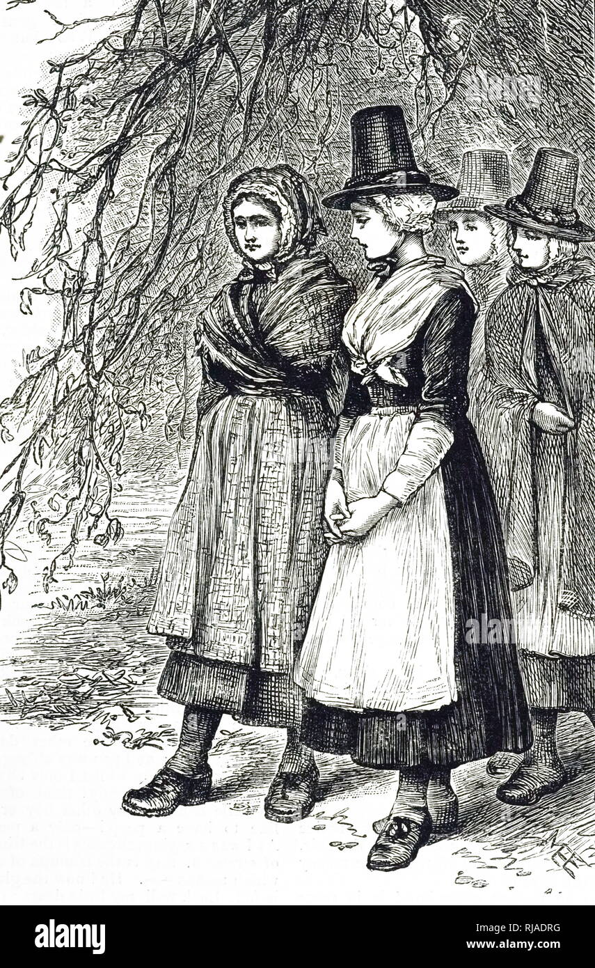 An engraving depicting Welsh girls at a Hollantide Fair, a hiring fair, waiting to be engaged as domestic servants. Illustrated by Mary Ellen Edwards (1838-1934) an English artist and illustrator of children's books. Dated 19th century Stock Photo