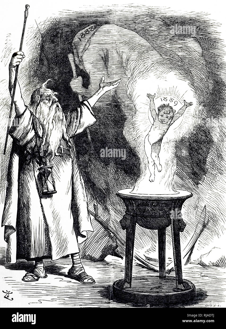 A cartoon depicting Father Time summoning up the new year for 1889, while the figure of old 1888 creeps away in the background. Dated 19th century Stock Photo