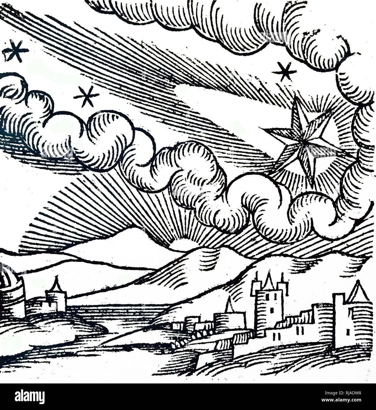 A woodcut engraving depicting The Great Comet of 1456 (Halley's Comet): Pope Calixtus III excommunicated this comet. Dated 16th century Stock Photo