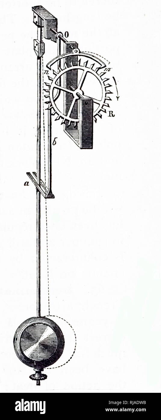 An engraving depicting a pendulum with an anchor escapement. Dated 19th