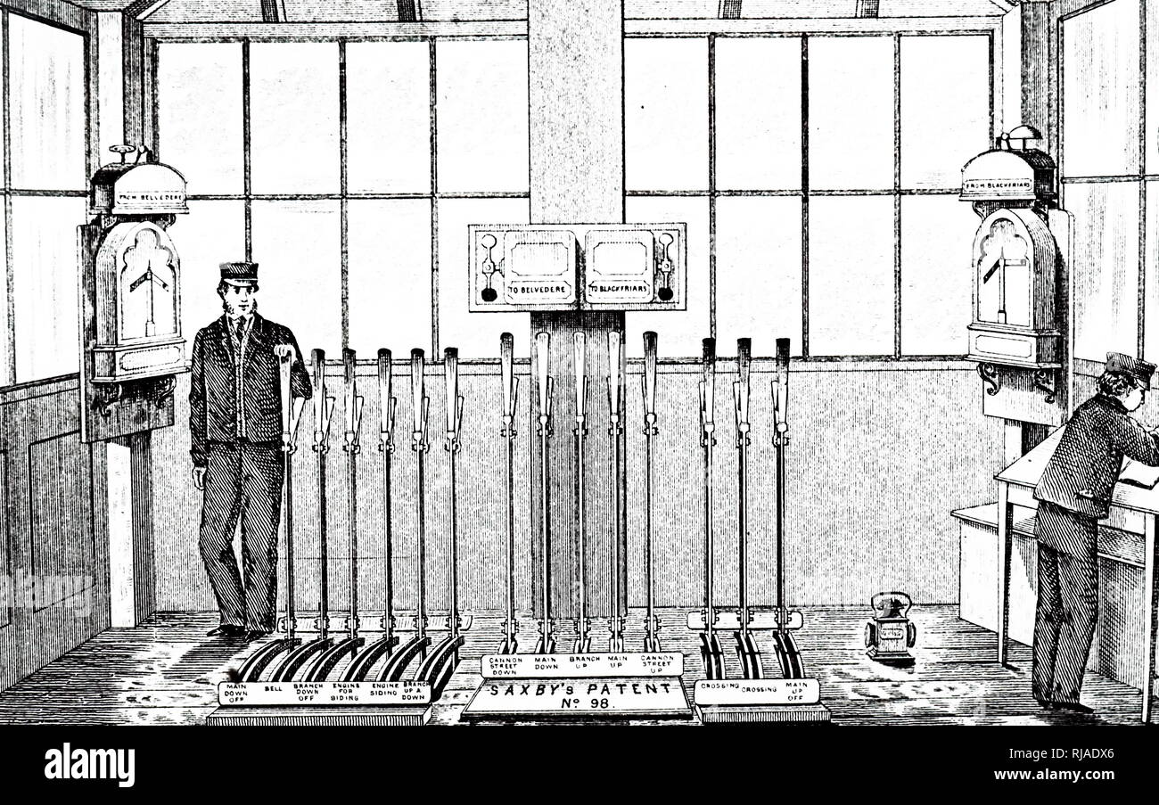 An engraving depicting a signal box at Waterloo on the Charing Cross line. Dated 19th century Stock Photo