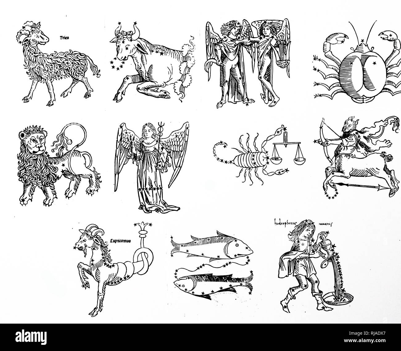 A woodcut engraving depicting the set of 12 Zodiac figures (Scorpio and Libra have been combined). Dated 15th century Stock Photo