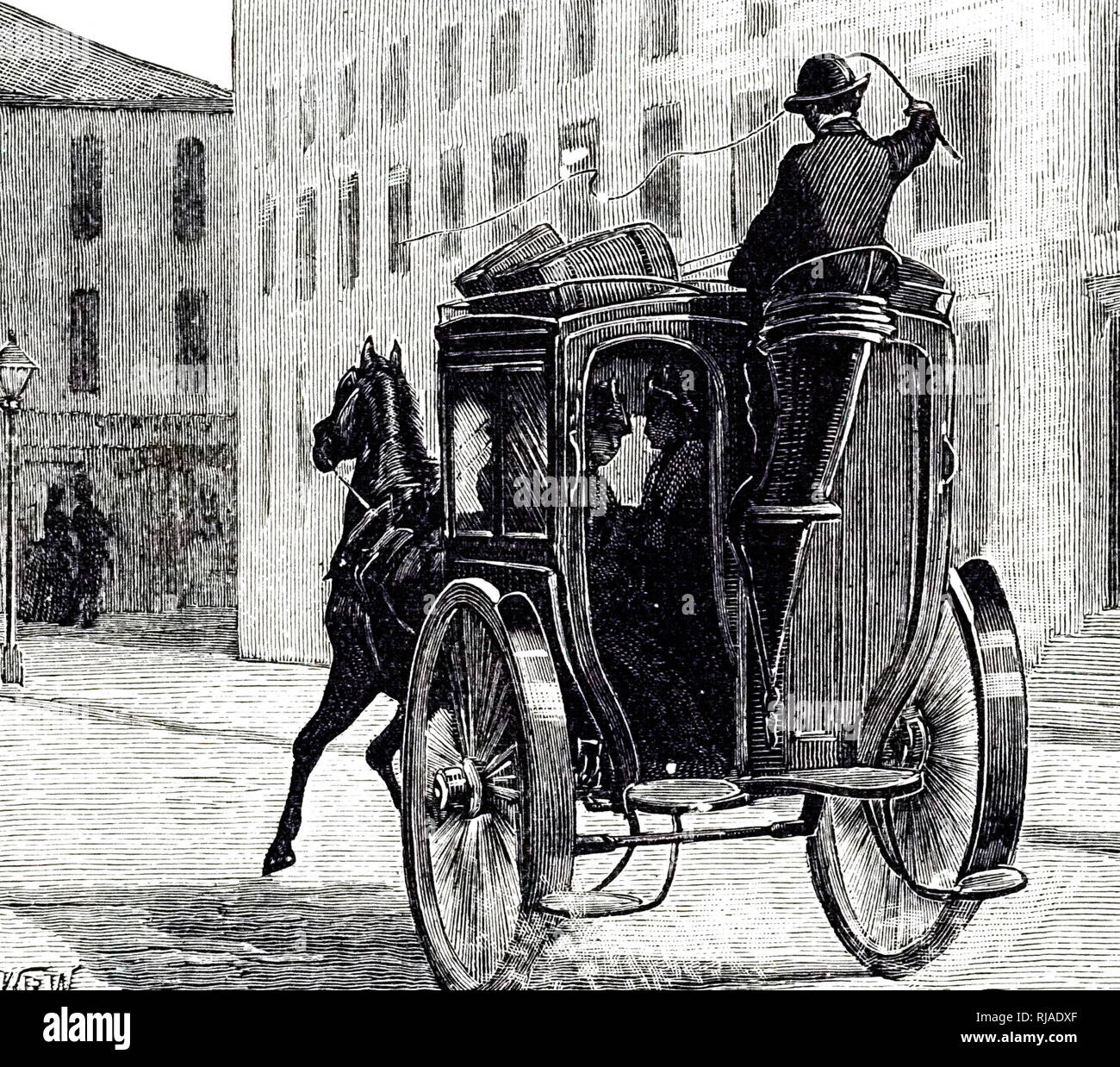An engraving depicting a hansom cab designed to seat four passengers rather than the usual two. Dated 19th century Stock Photo