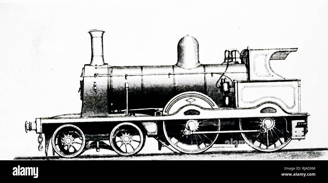 An engraving depicting a 4-4-0 express locomotive built by Dubs & Co., Glasgow. Dated 19th century Stock Photo