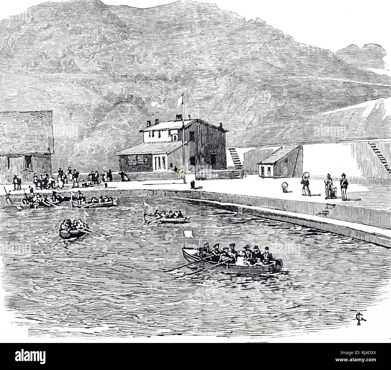 An engraving depicting a quarantine station after an outbreak of Cholera in Marseilles harbour, France. In the first week in July the mortality rate was 24 per day. Dated 19th century Stock Photo