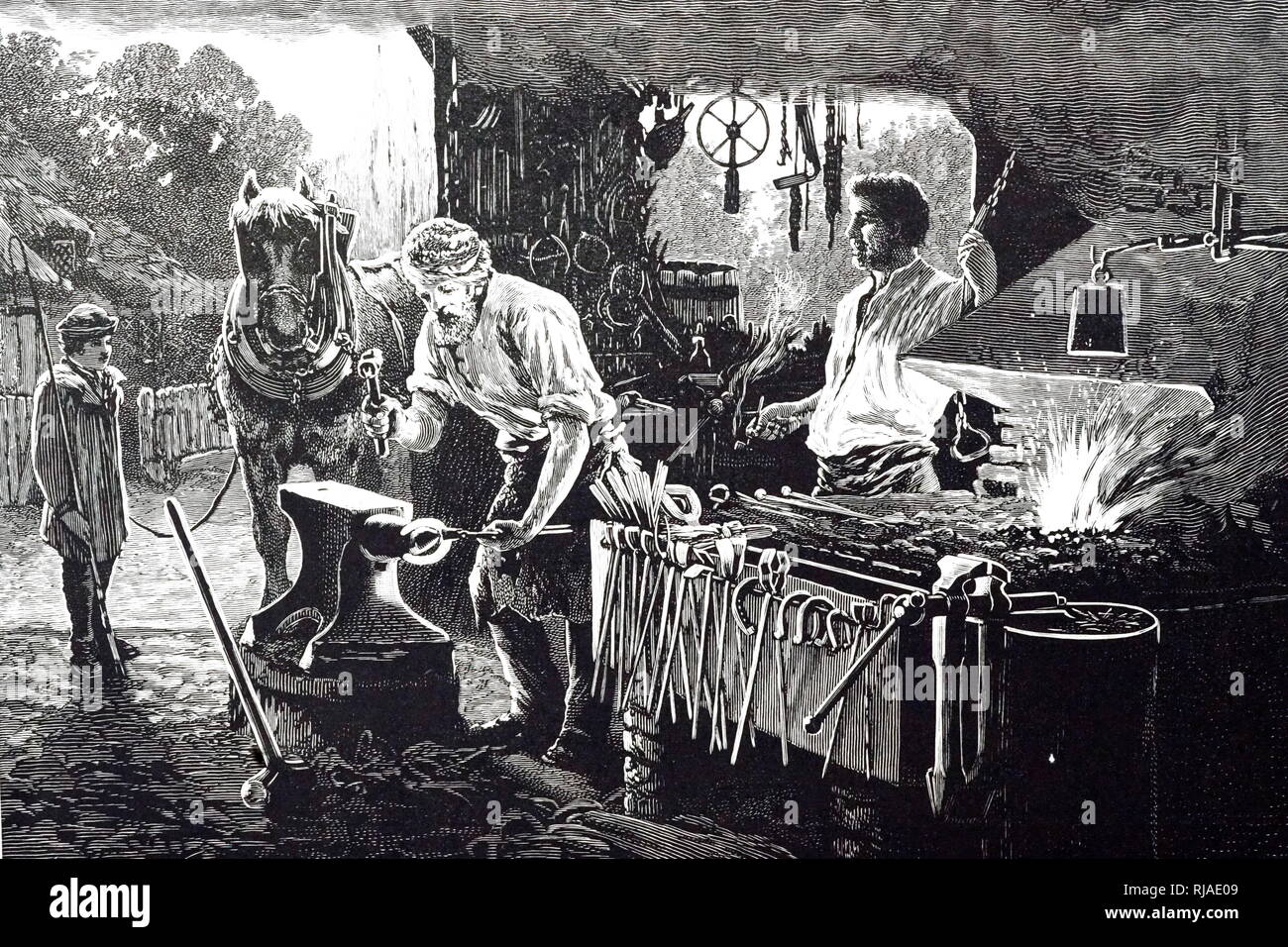 An engraving depicting a blacksmith preparing to shoe a horse. Dated 19th century Stock Photo
