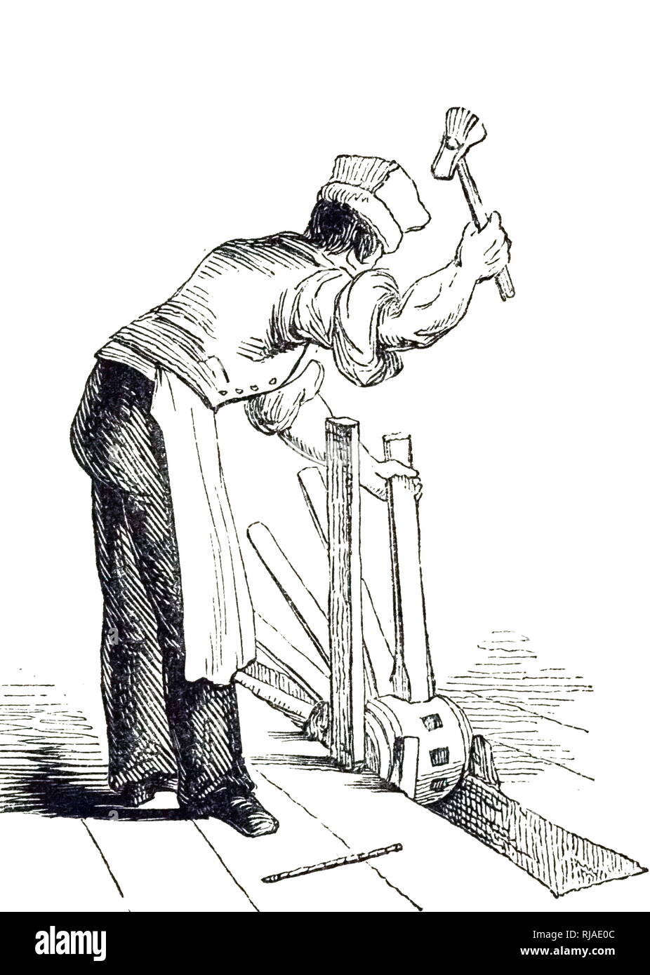 An engraving depicting a wheelwright fitting oak spokes into the elm